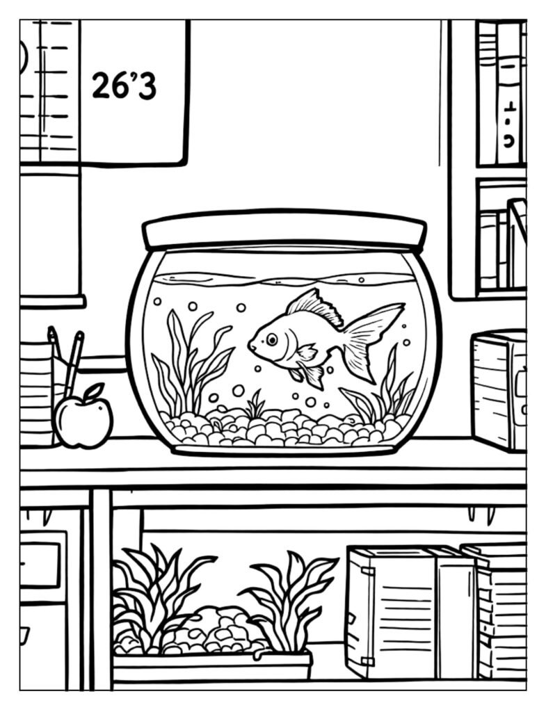 A line art drawing of a classroom pet, such as a fish in a bowl or a hamster in a cage, ready for coloring.