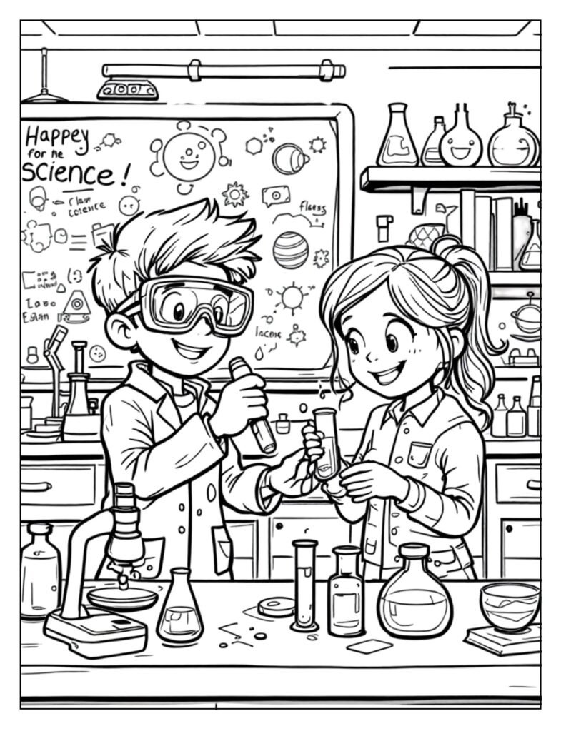 A black and white illustration of a detailed science lab area within a classroom, with equipment like microscopes and beakers, ready for coloring.