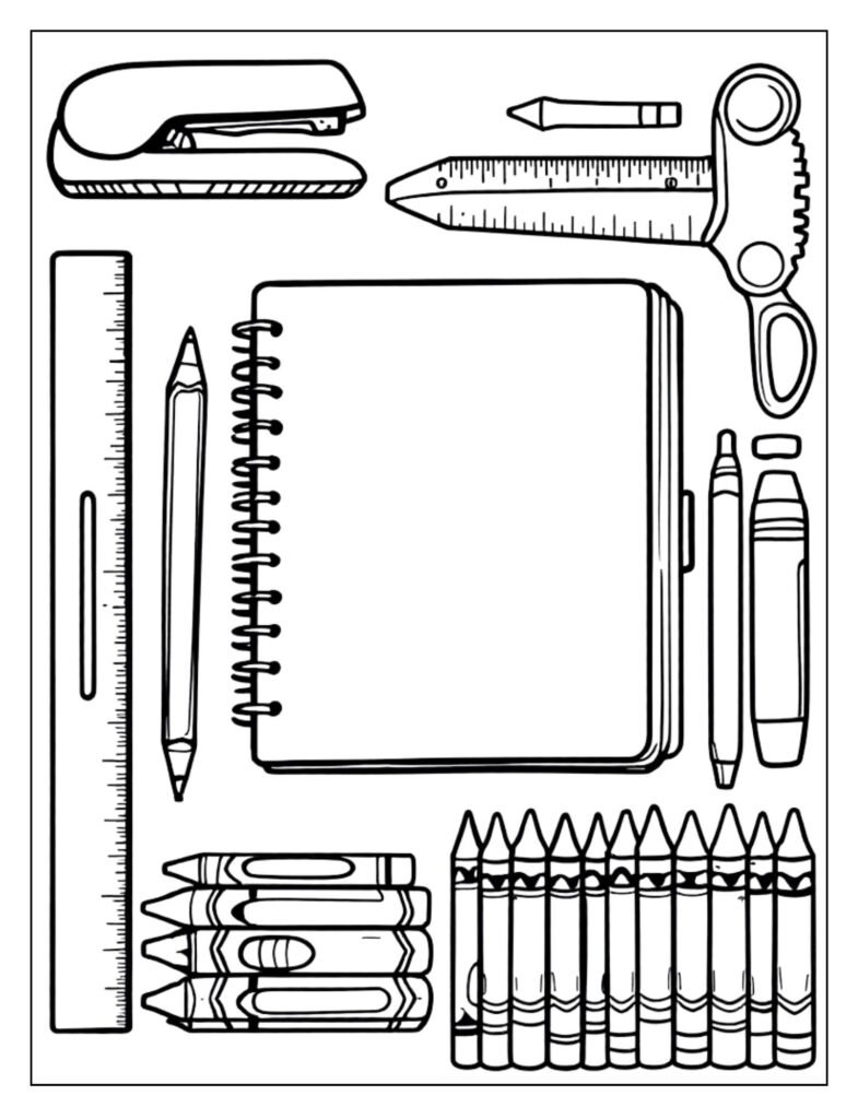 A line art drawing displaying a variety of classroom supplies like scissors, glue sticks, crayons, and paper, arranged neatly, ready for coloring.