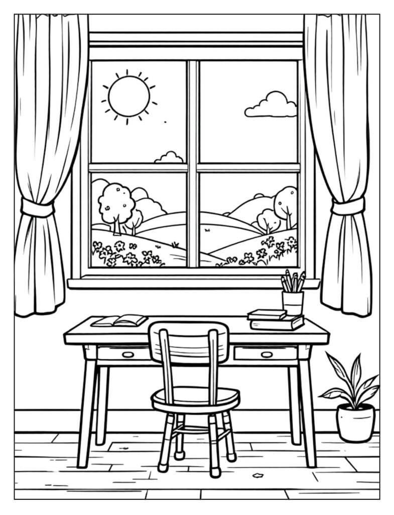  An outline drawing of a classroom window, possibly with a view outside, ready for coloring.
