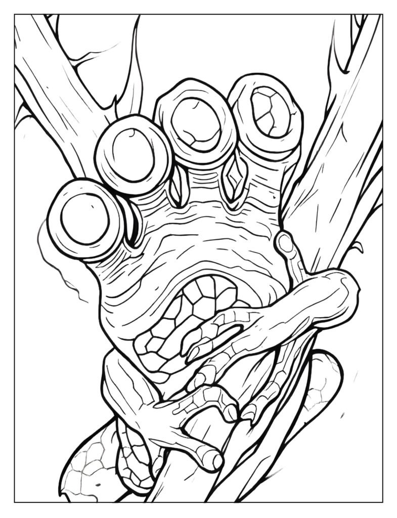 Extreme close-up drawing focusing only on the frog's foot, showing the detail of its tiny, suction cup-like toe pads clinging to a vine.