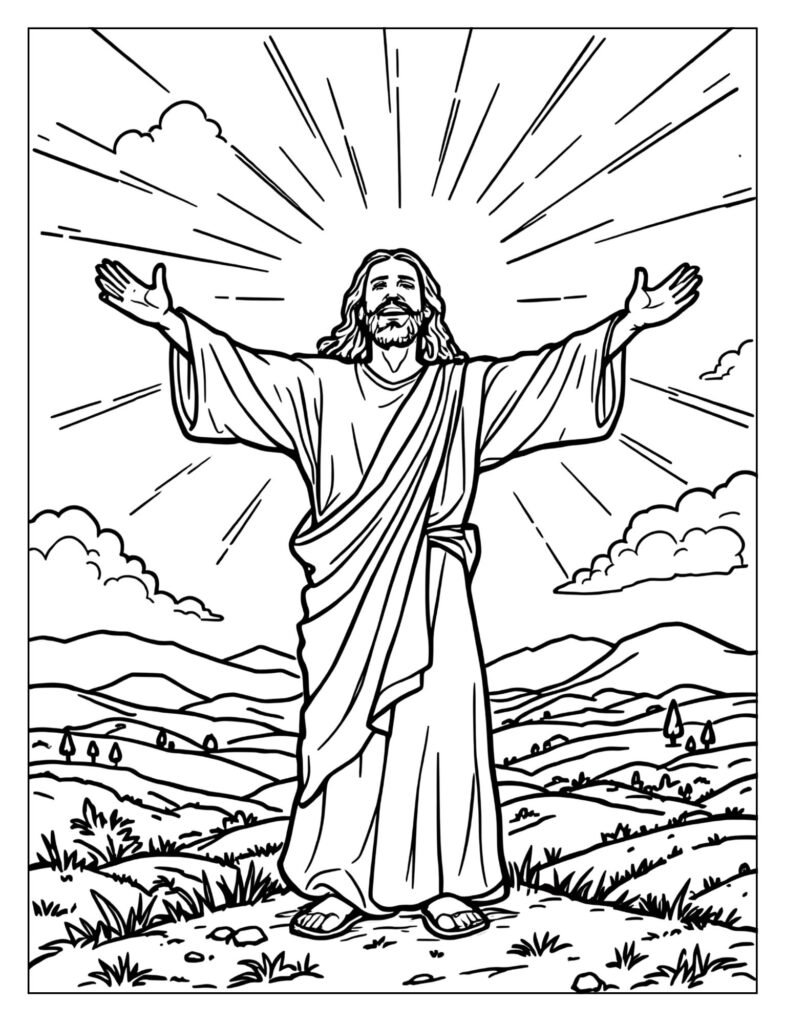 Jesus ascending into clouds with disciples coloring page