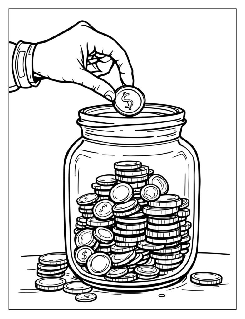 Child's hand dropping a coin into a coin sorting tray or clear jar with other coins.