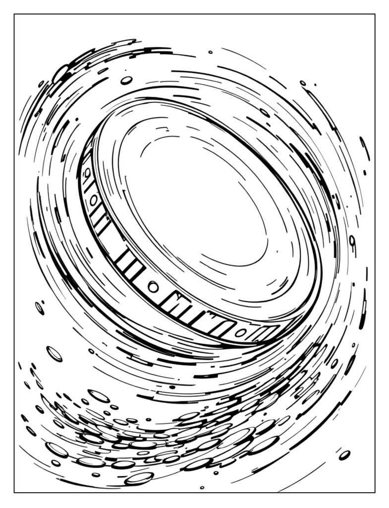 A single large coin depicted in mid-air, spinning rapidly with motion lines, as if during a coin toss.