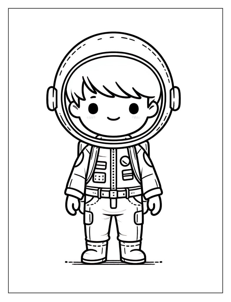 A black and white drawing of an astronaut on the moon's surface, bending down to collect moon rocks, ready for coloring.