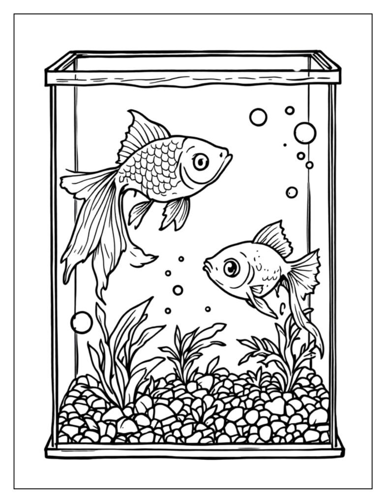 Blank template line art of an empty aquarium for kids to draw and color their own fish.