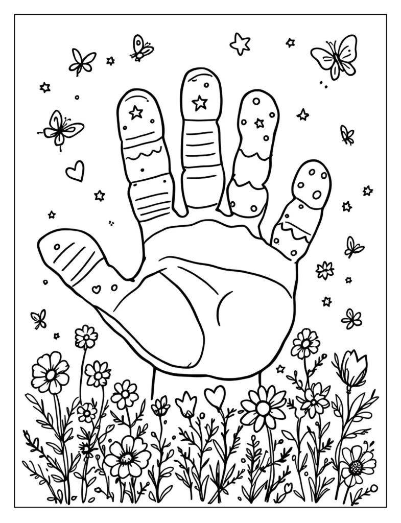 Child's handprint with each finger a different color coloring page