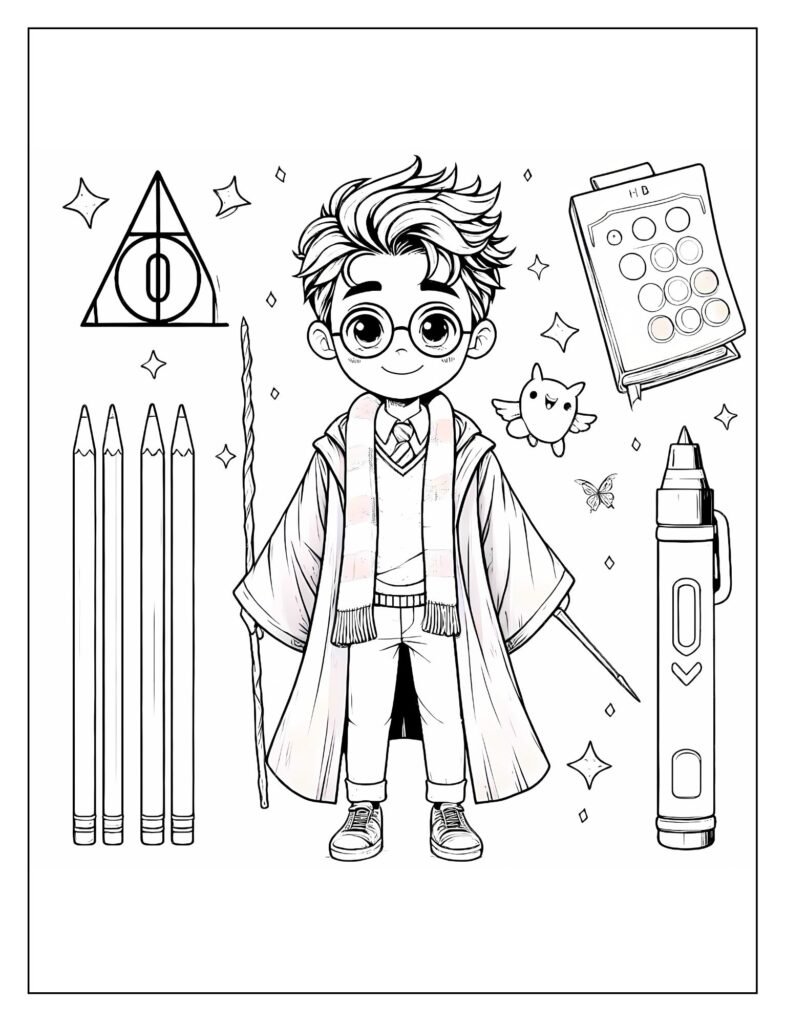 A black and white drawing featuring Harry Potter in a friendly pose, with open space around him for additional drawing or coloring, ready for a child to color.
