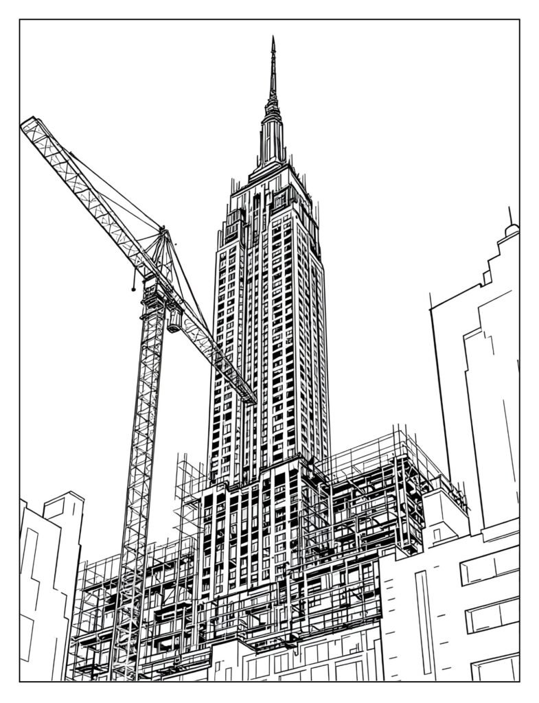 Simplified historical drawing of the Empire State Building under construction in the 1930s, showing the steel framework and a crane.