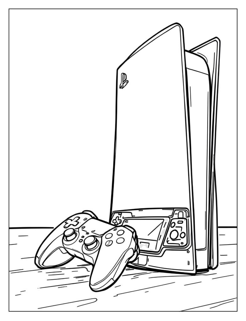 Drawing of the PS5 DualSense controller resting next to the sleek PlayStation 5 console.