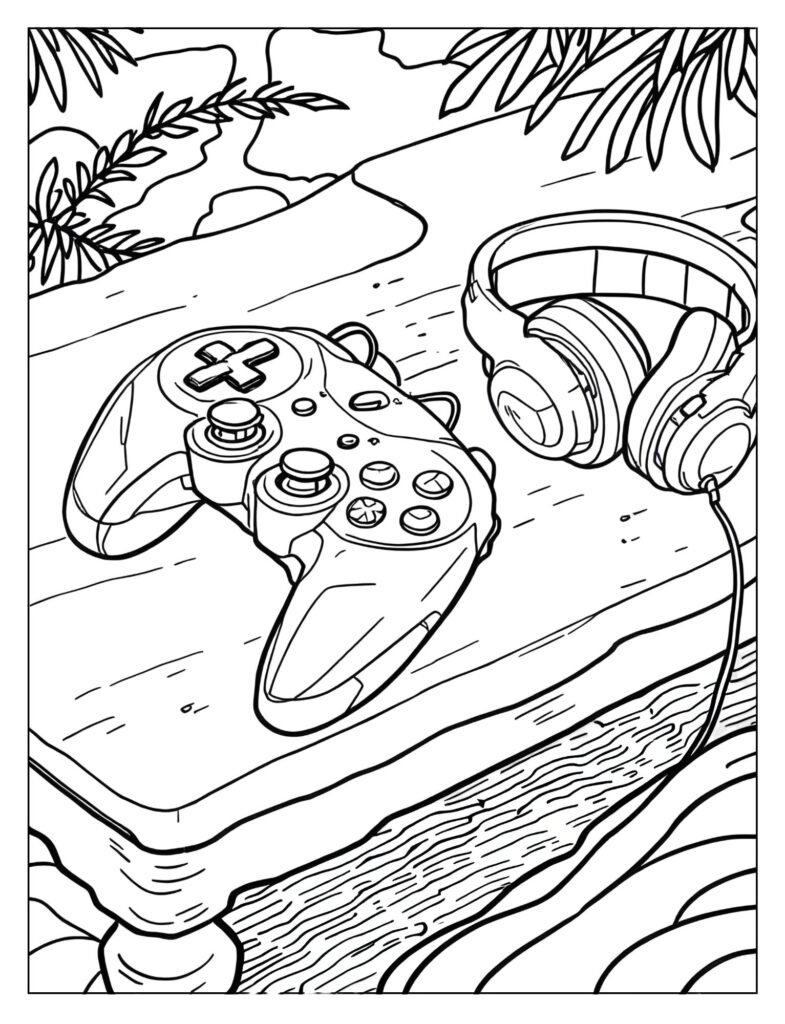 PS5 DualSense controller resting on a table next to a large, over-the-ear gaming headset.