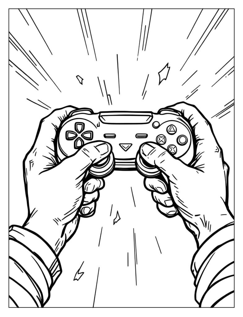 A pair of hands holding the DualSense controller firmly with motion lines for intense gameplay.