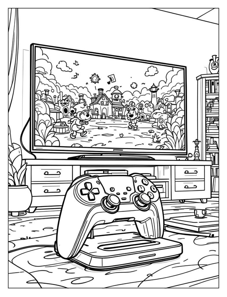PS5 DualSense controller resting on a charging dock near a large television screen showing a game scene.
