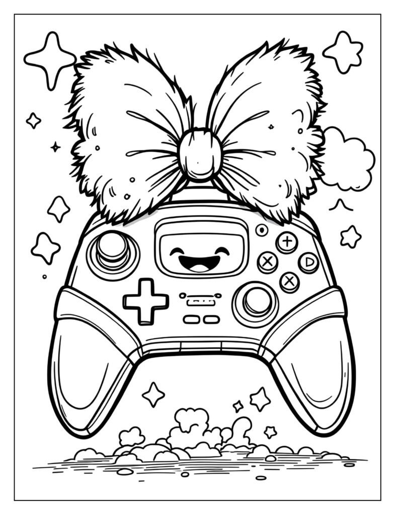 Cartoon PS5 controller with a cheerful face, wearing a large, decorative bow on top of its central light bar.