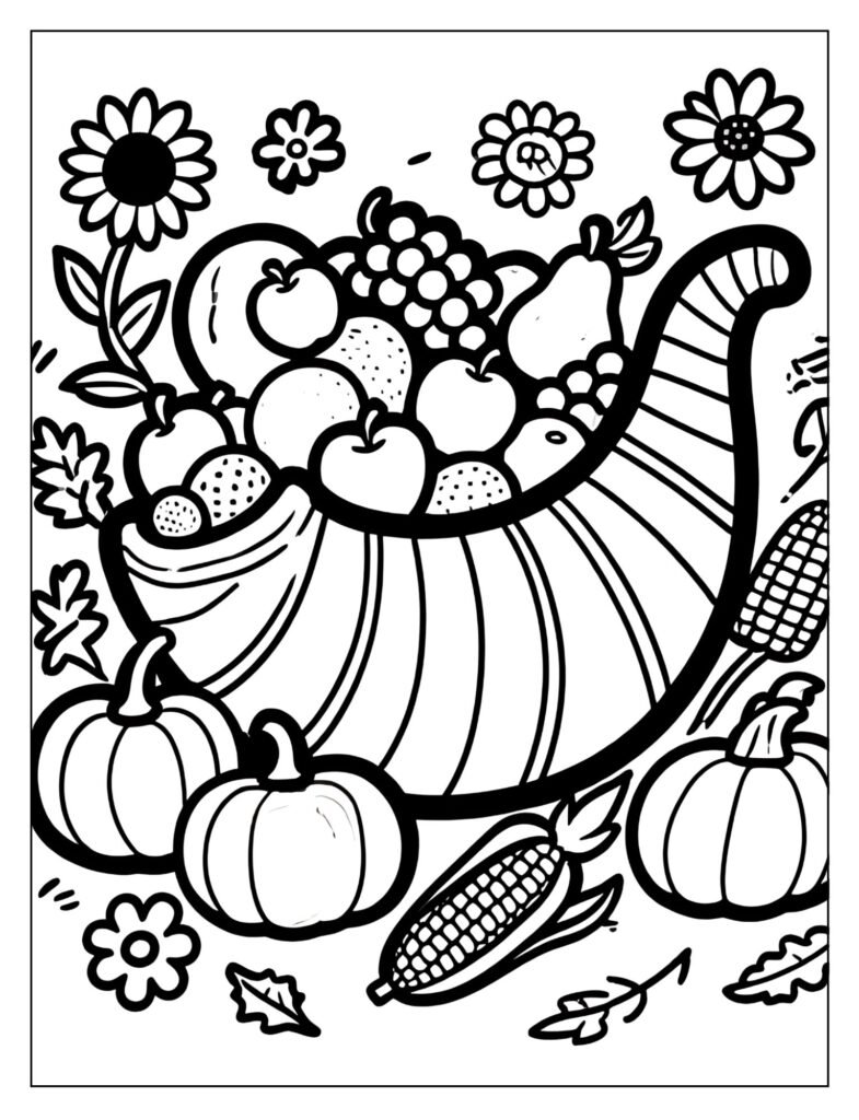 A cornucopia overflowing with fruits and vegetables.