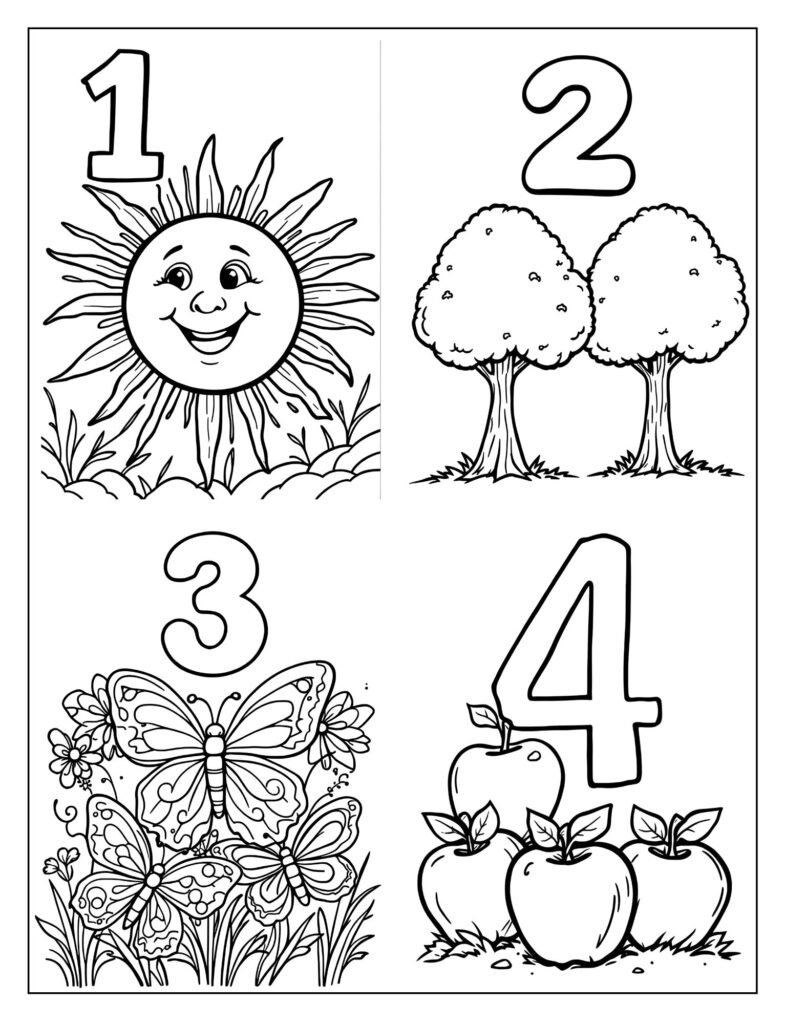 Numbers 1-5 with matching objects coloring page