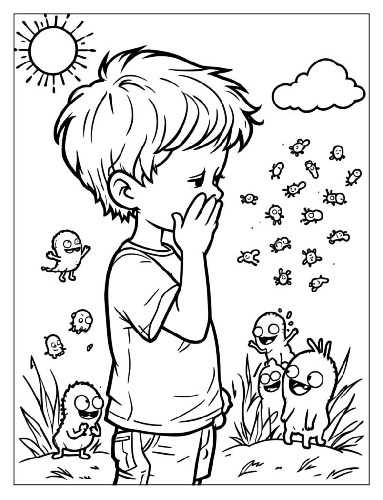 A child coughing into the inside of their elbow ("vampire cough") to stop germs.
