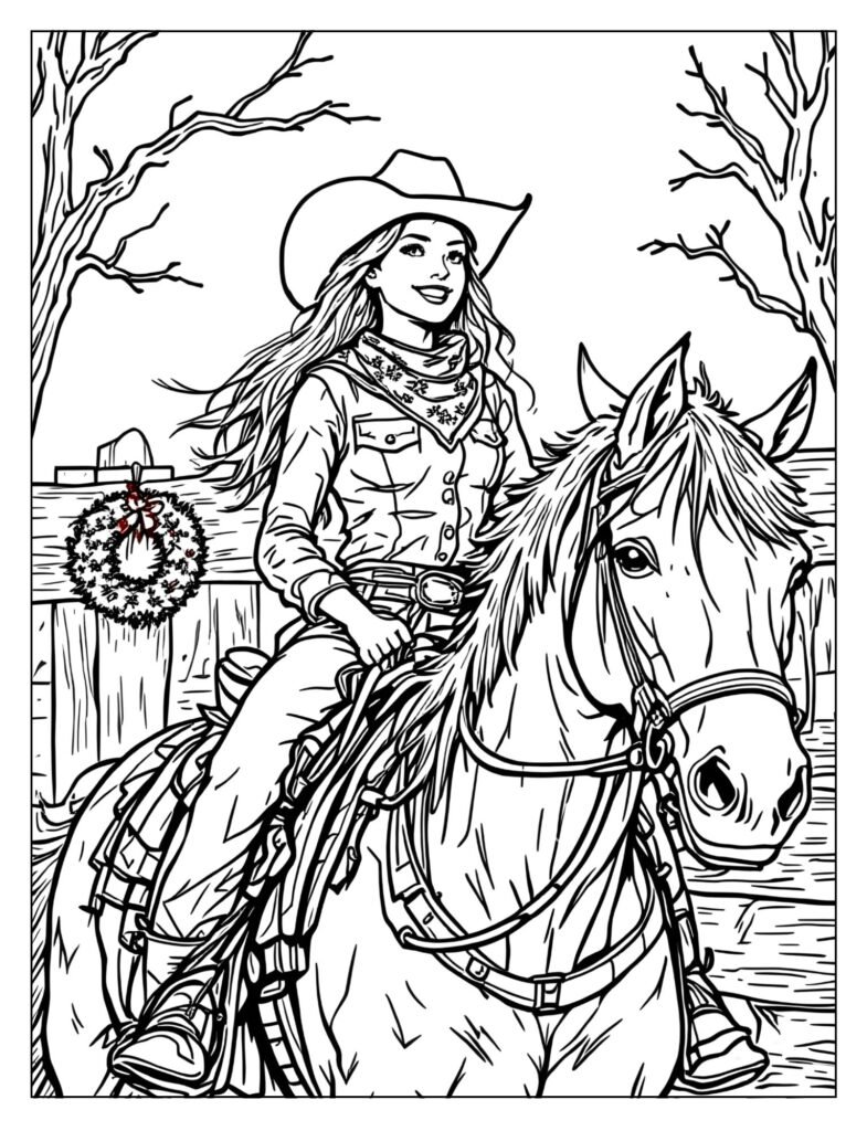 Cowboy or cowgirl on horseback wearing a cowboy hat and a festive red bandana, riding past a decorated fence.