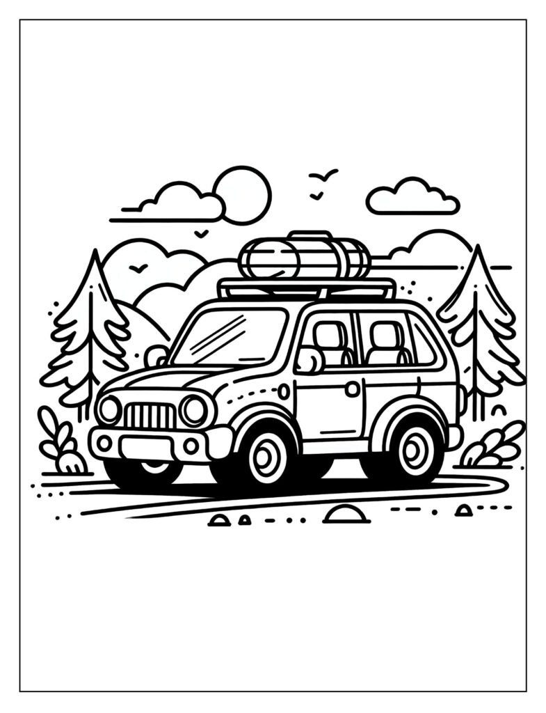 Line art of a cheerful, retro cozy camper van parked near a scenic spot.