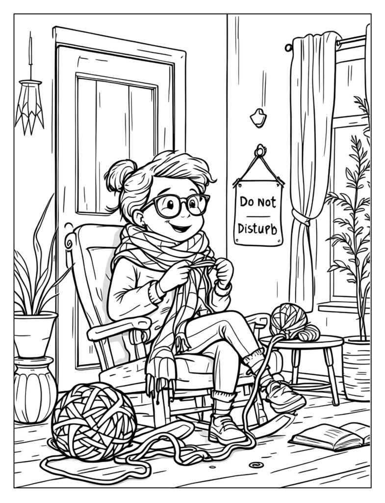 A person knitting in a rocking chair.