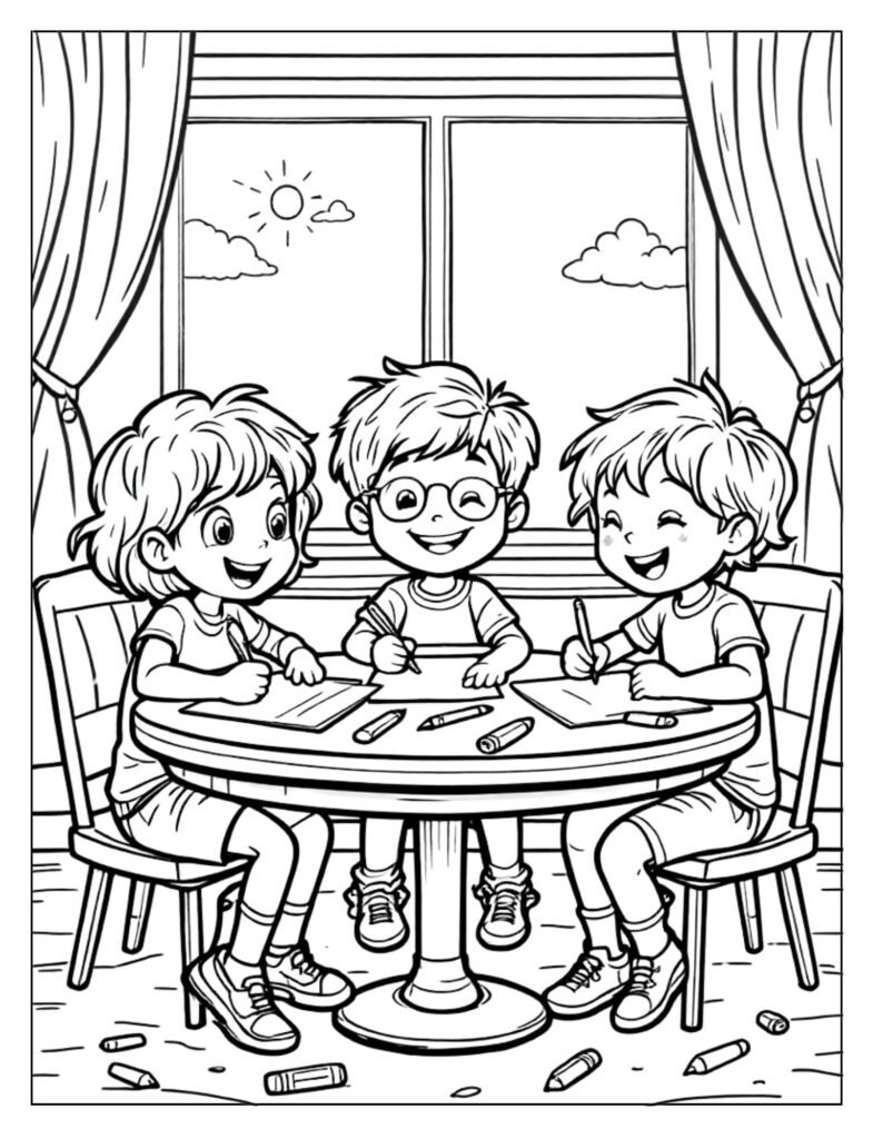 A line art drawing of a student writing in a notebook, possibly with thought bubbles showing imaginative ideas, in a creative writing class setting, ready for coloring.