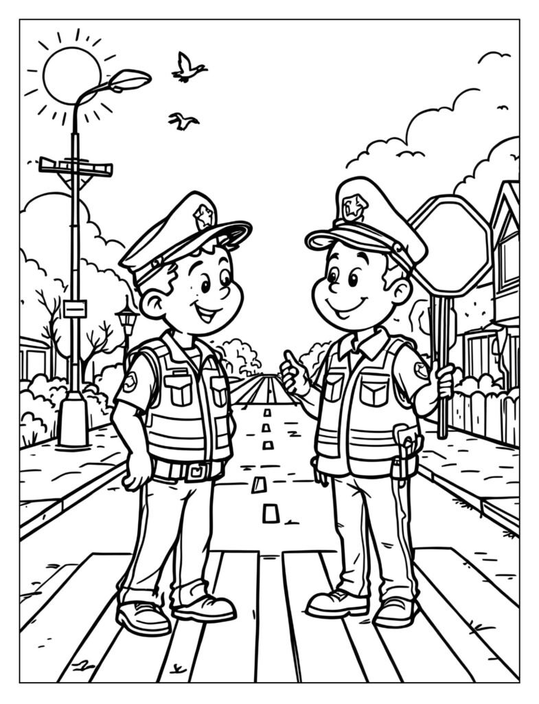 A police officer smiling and talking to a friendly school crossing guard near a crosswalk.