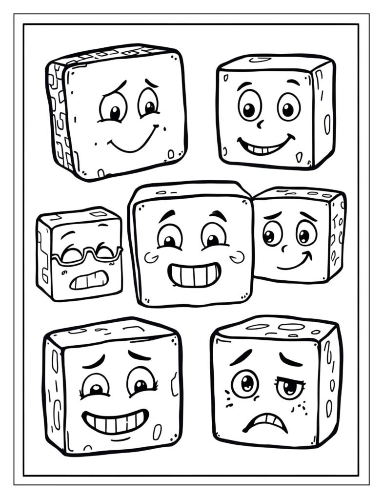 Page filled with five different player cube faces (eyes and mouth only) showing different emotions.