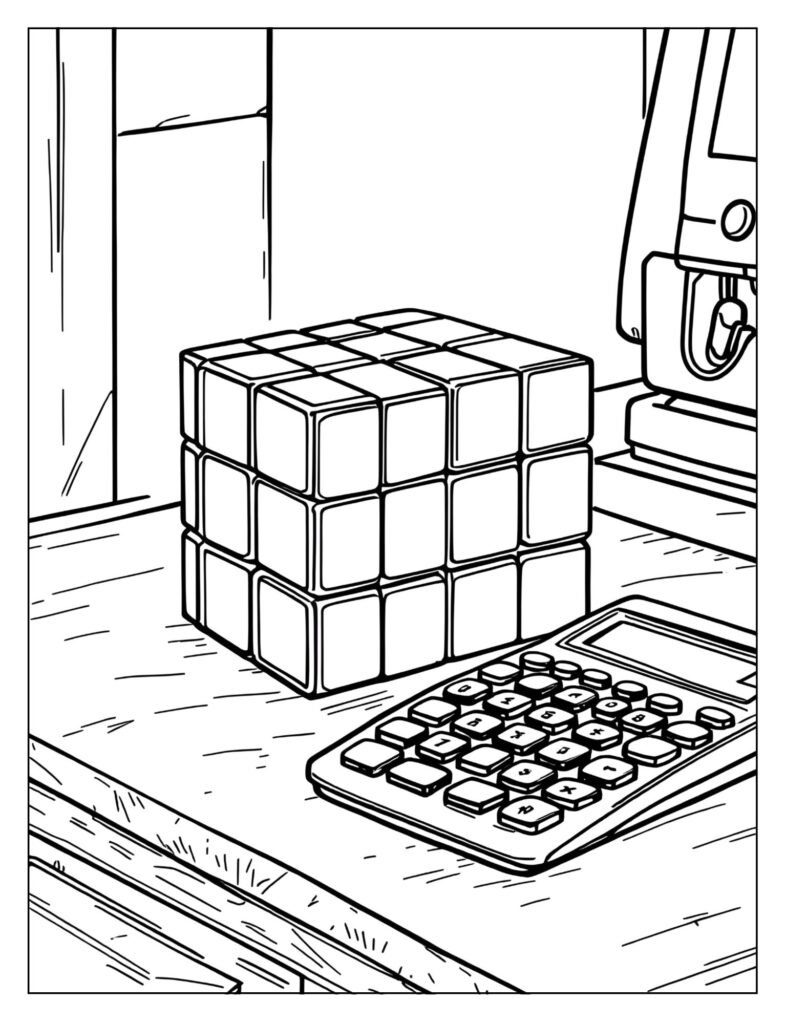 A 3x3x3 Rubik's Cube resting on a table next to a simple desk calculator.
