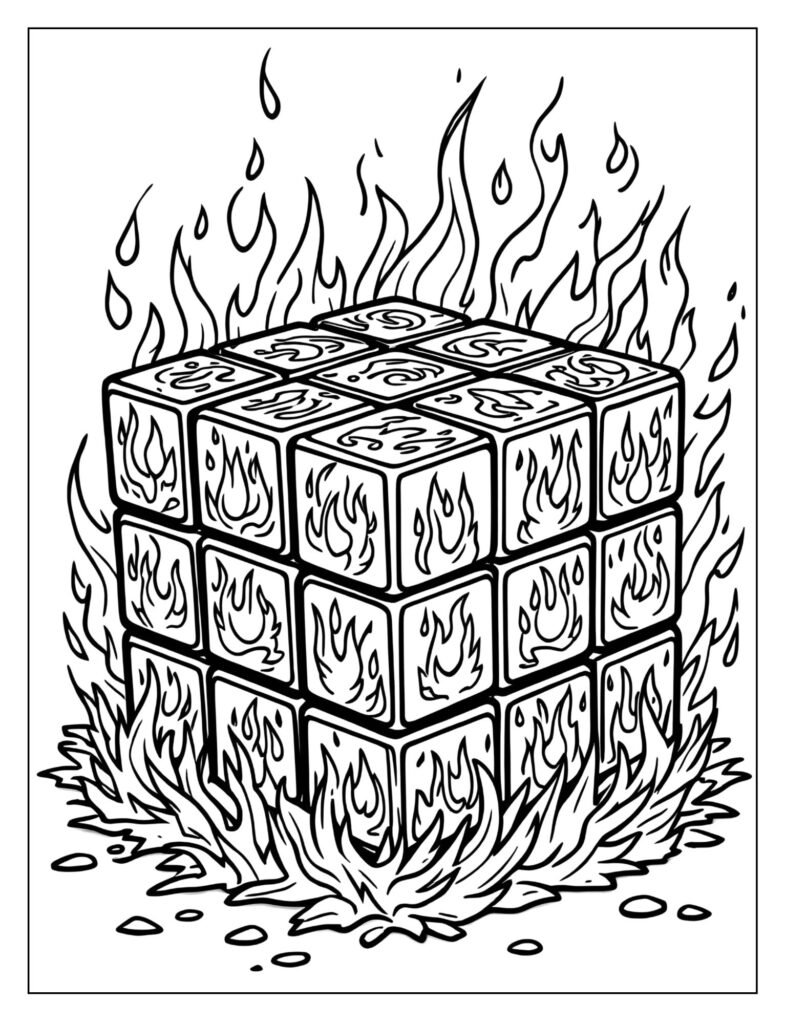 3x3x3 Rubik's Cube with simplified fire and flame patterns drawn onto the squares.