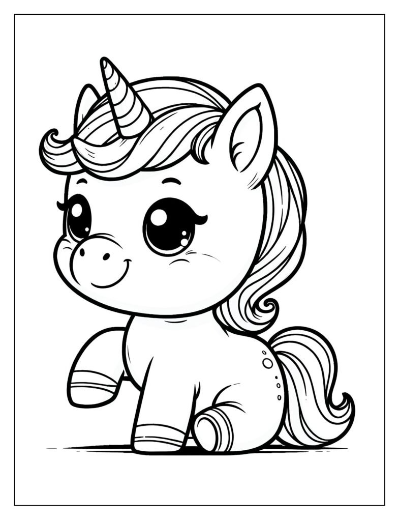A line art drawing of two or more baby unicorns cuddling or playing together affectionately, ready for coloring.