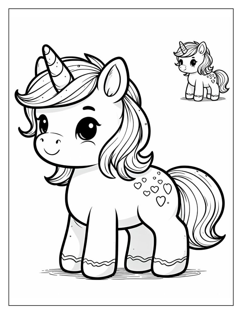 A black and white illustration of a baby unicorn looking curious, exploring a new environment, ready for coloring.