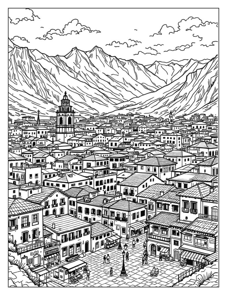 A panoramic view of Cusco city with colonial architecture, red-tiled roofs, and mountains.