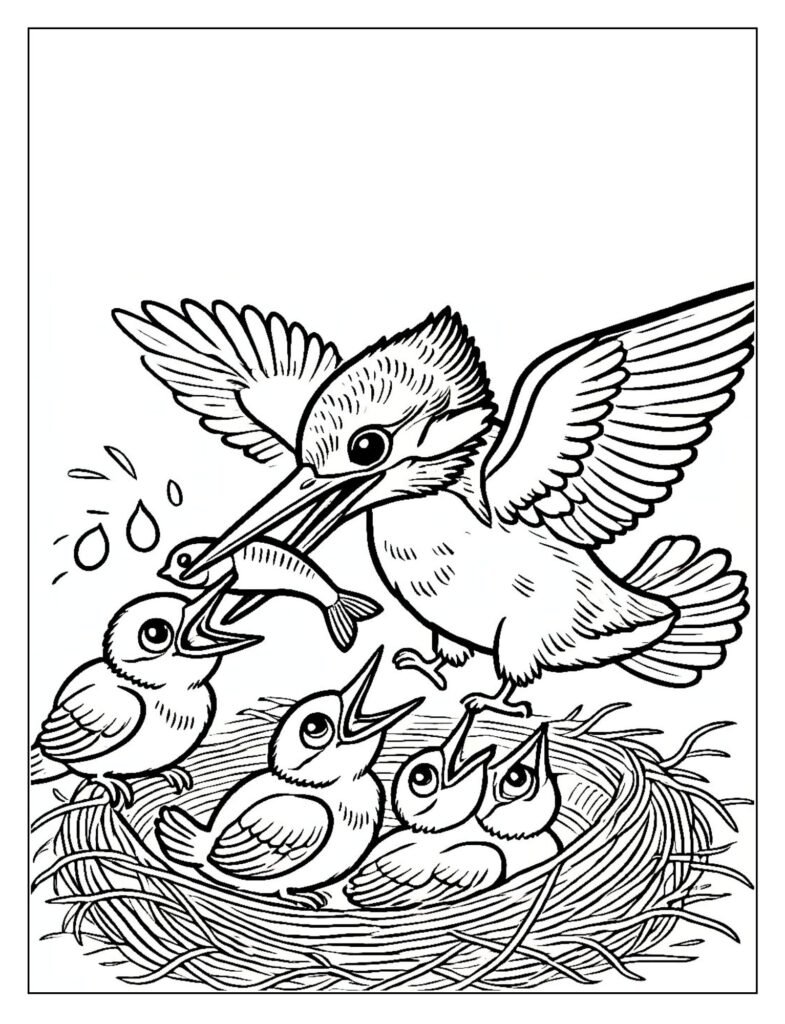 A photo of young kingfishers in a nest, showing their youthful appearance and soft feathers.