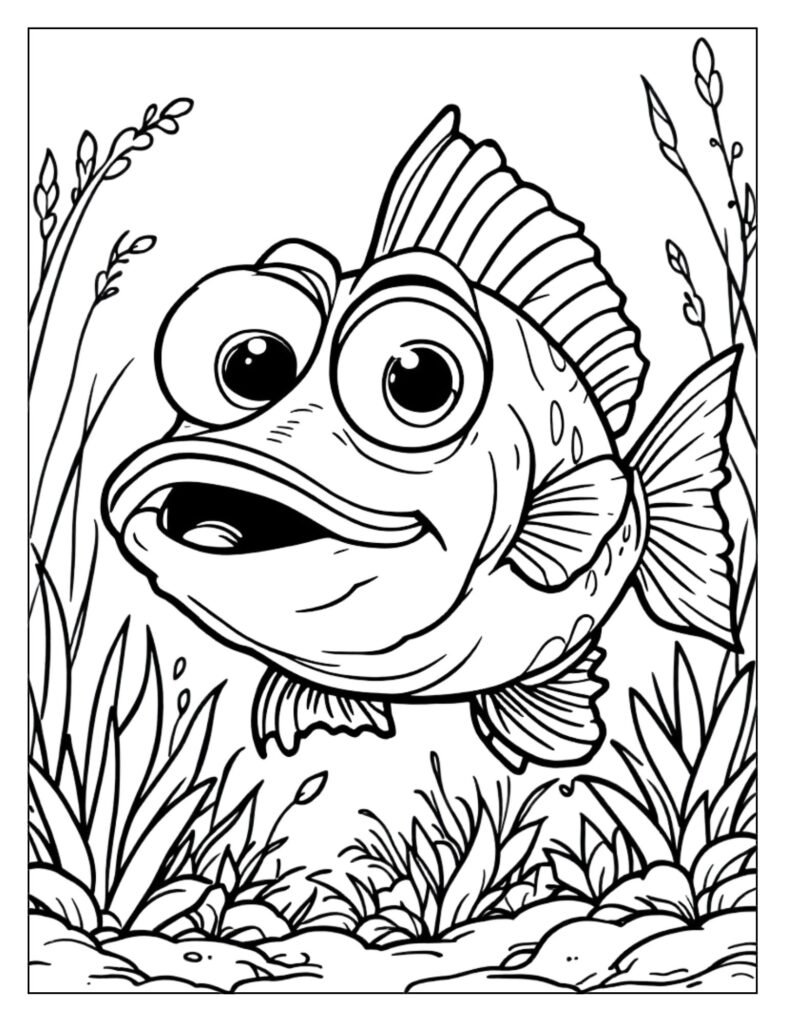 Adorable, cartoon-style line art of a cute bass fish with big eyes, friendly and whimsical.