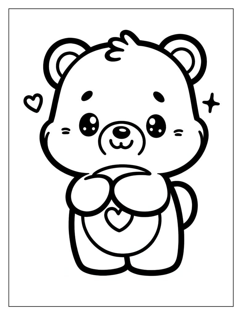 A black and white illustration of two or more adorable Care Bears hugging or snuggling, emphasizing their cuteness and affection, ready for coloring.

