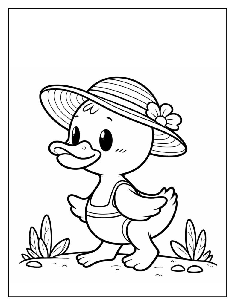 A black and white outline drawing showing an adorable duck character embarking on a whimsical adventure, perhaps with small elements of nature, ready for coloring.
