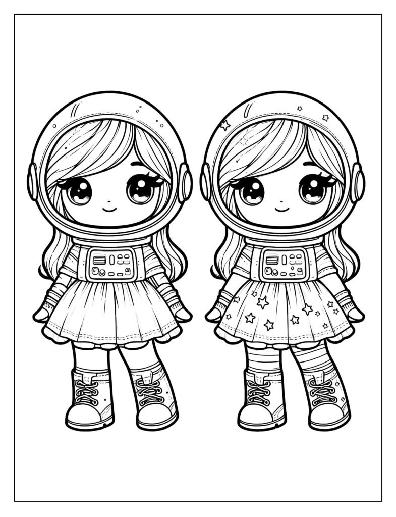 A line art illustration of a young girl dressed as a cute astronaut, perhaps waving or smiling, designed for coloring.