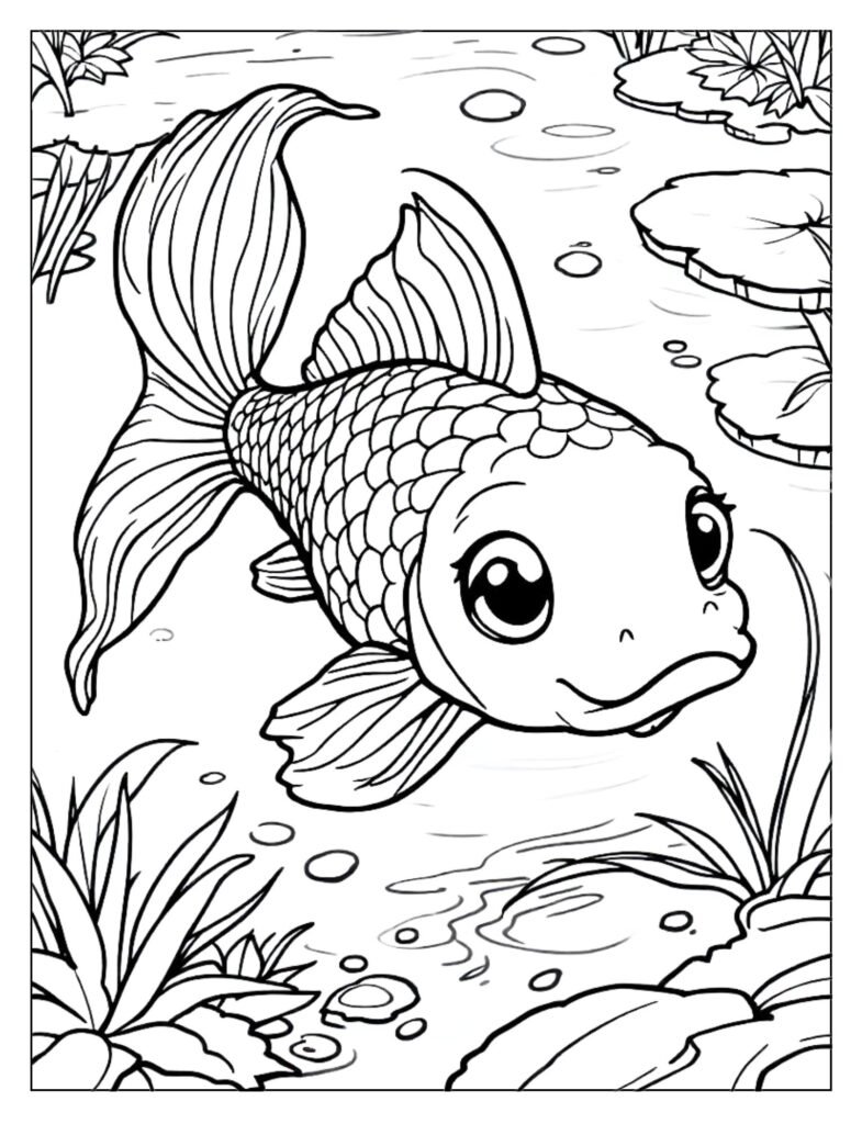 An adorable single koi fish with large, friendly eyes.