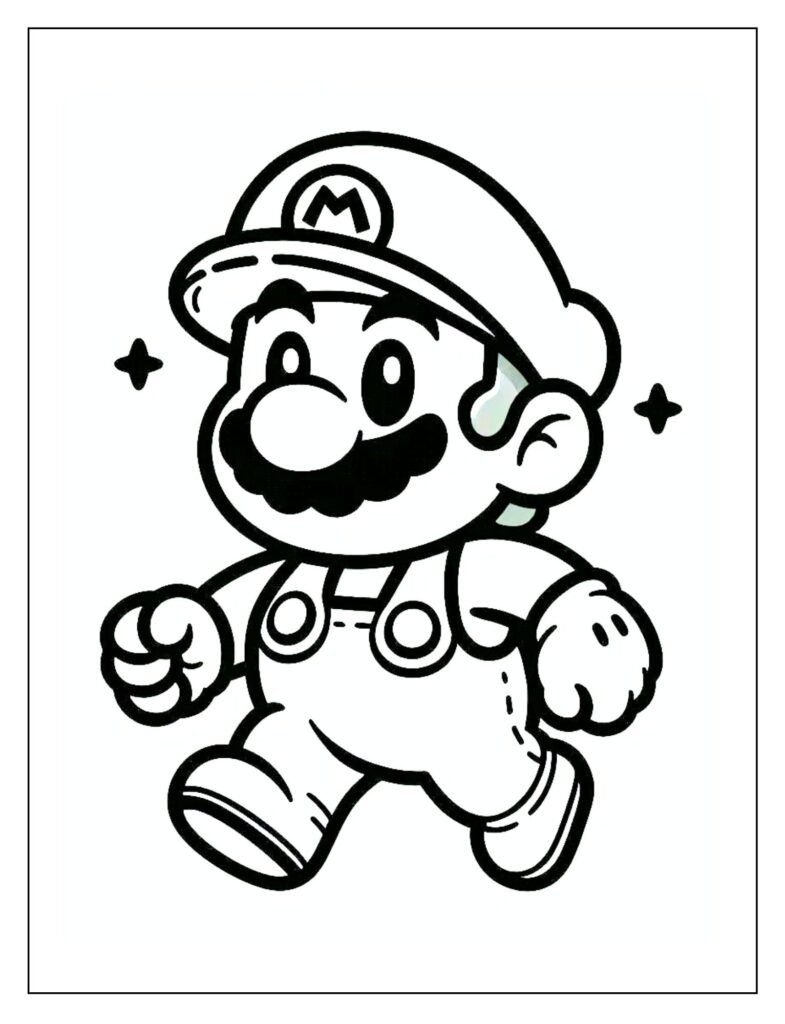 A black and white illustration of a chibi or cartoon-style cute Mario, designed for coloring.