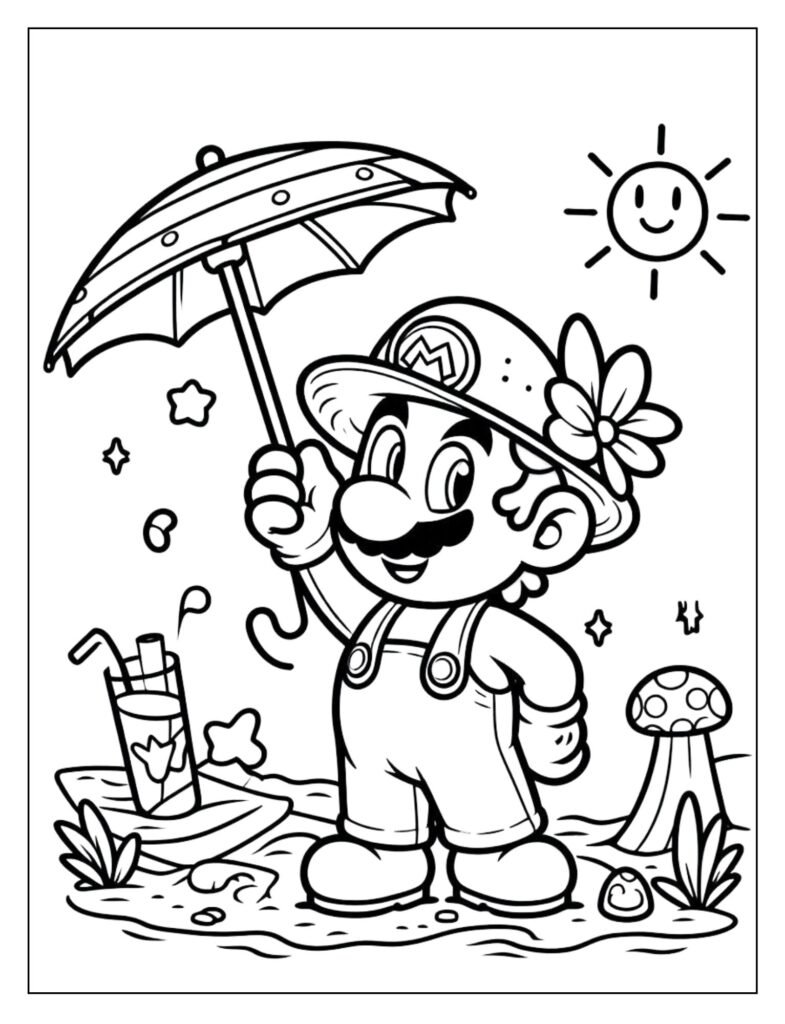 An outline drawing of a cute Mario character holding an umbrella, ready for coloring.