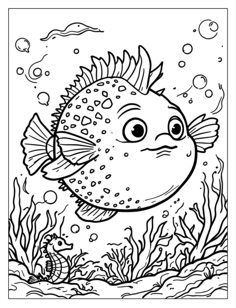 Cute big-eyed puffer fish drawing for coloring