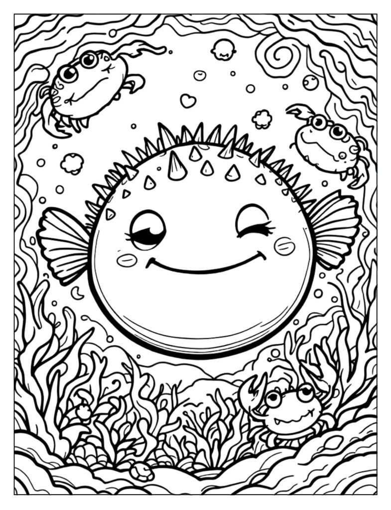 Cute round puffer fish cartoon coloring page