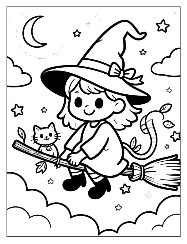 A cute witch with a cat flying on a broomstick.