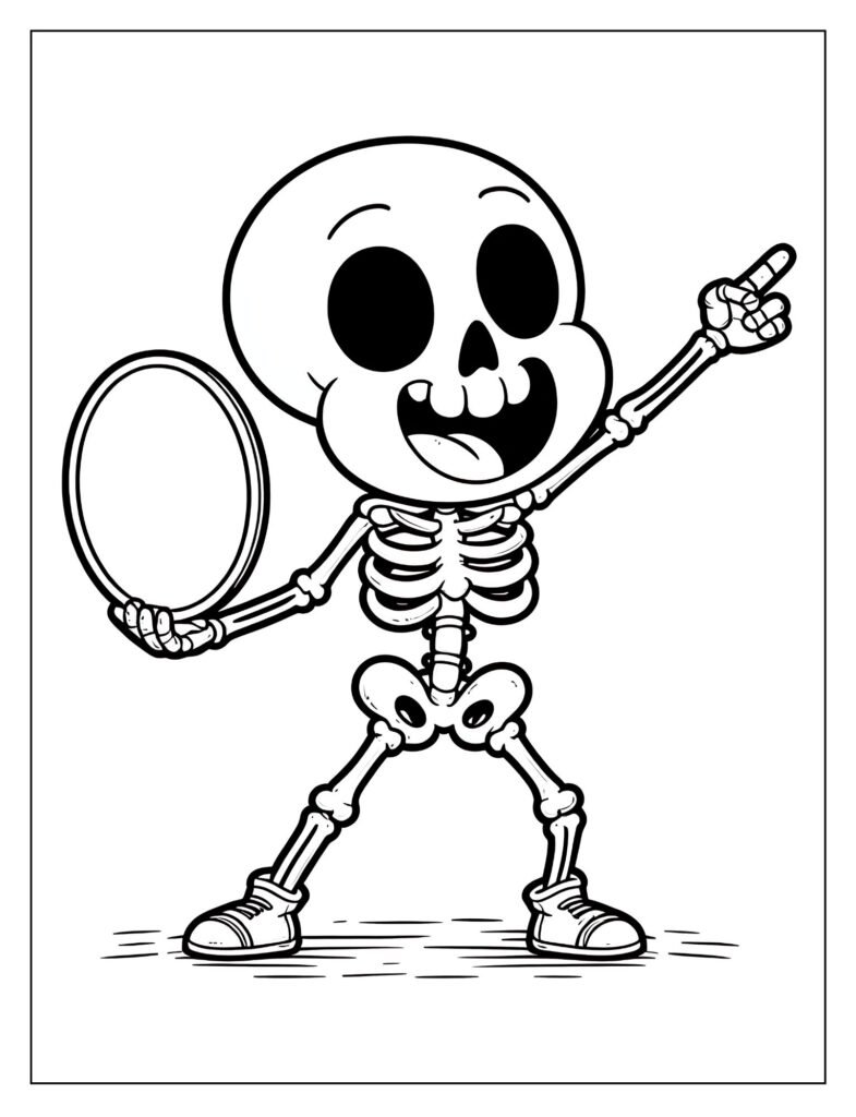 A line art illustration of a skeleton comically dancing or striking a joyful pose, ready to be colored.