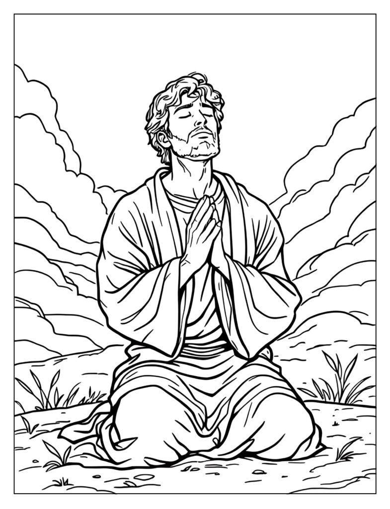 Daniel kneeling and praying with his hands clasped.