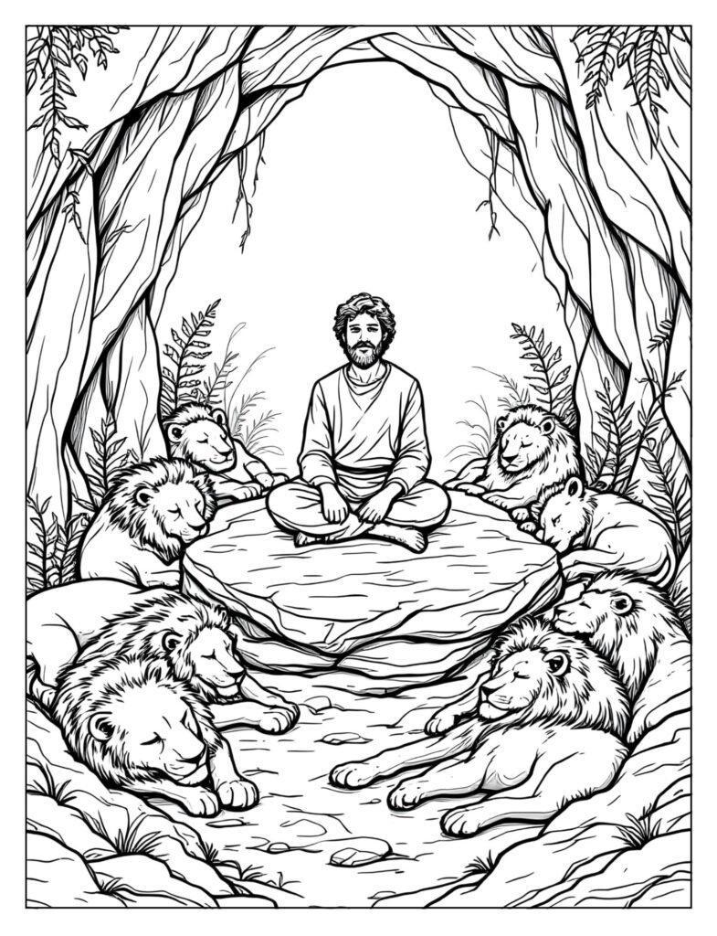 Daniel sitting calmly in a cave with sleeping lions.