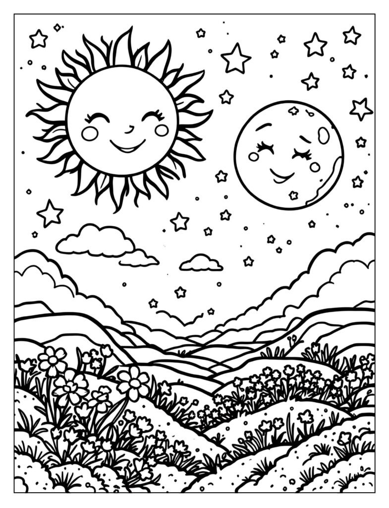 The sun, moon, and stars in the sky.