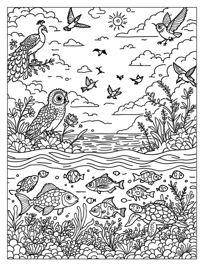 The sky with birds and the ocean with fish.