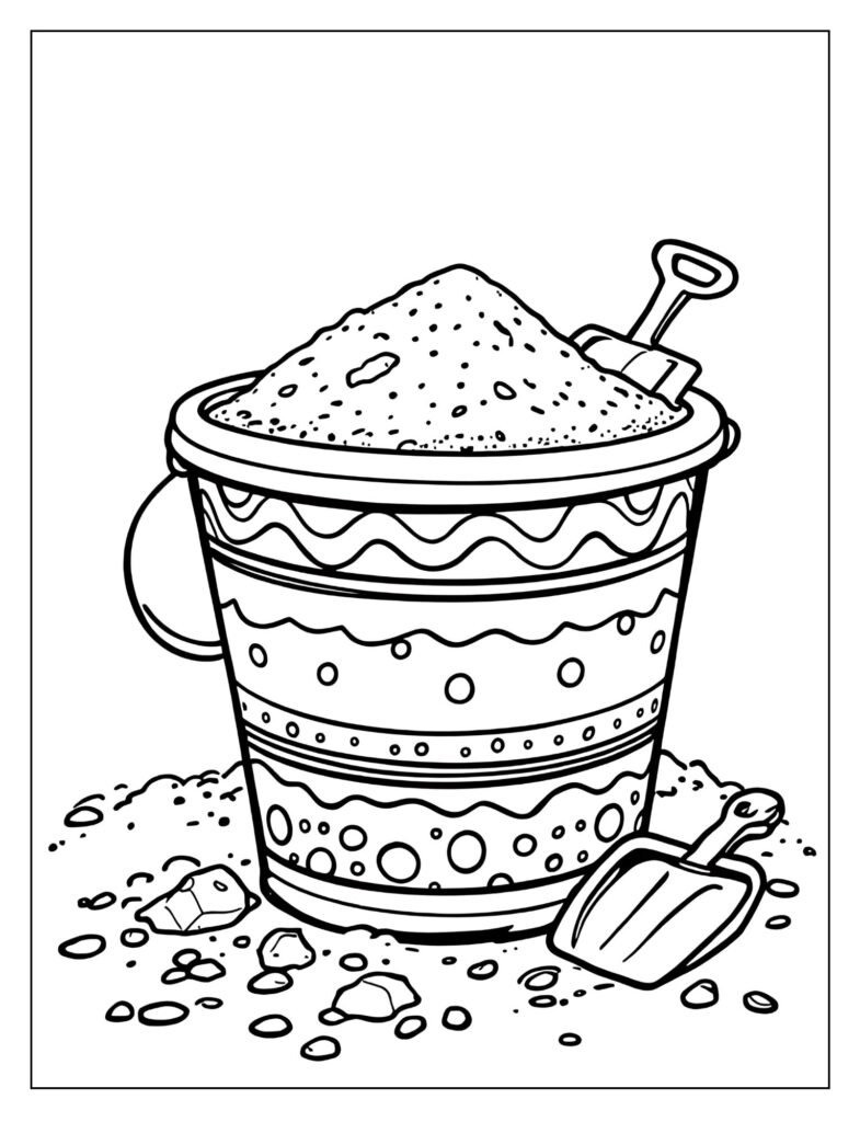 A sand pail with polka dots and stripes.