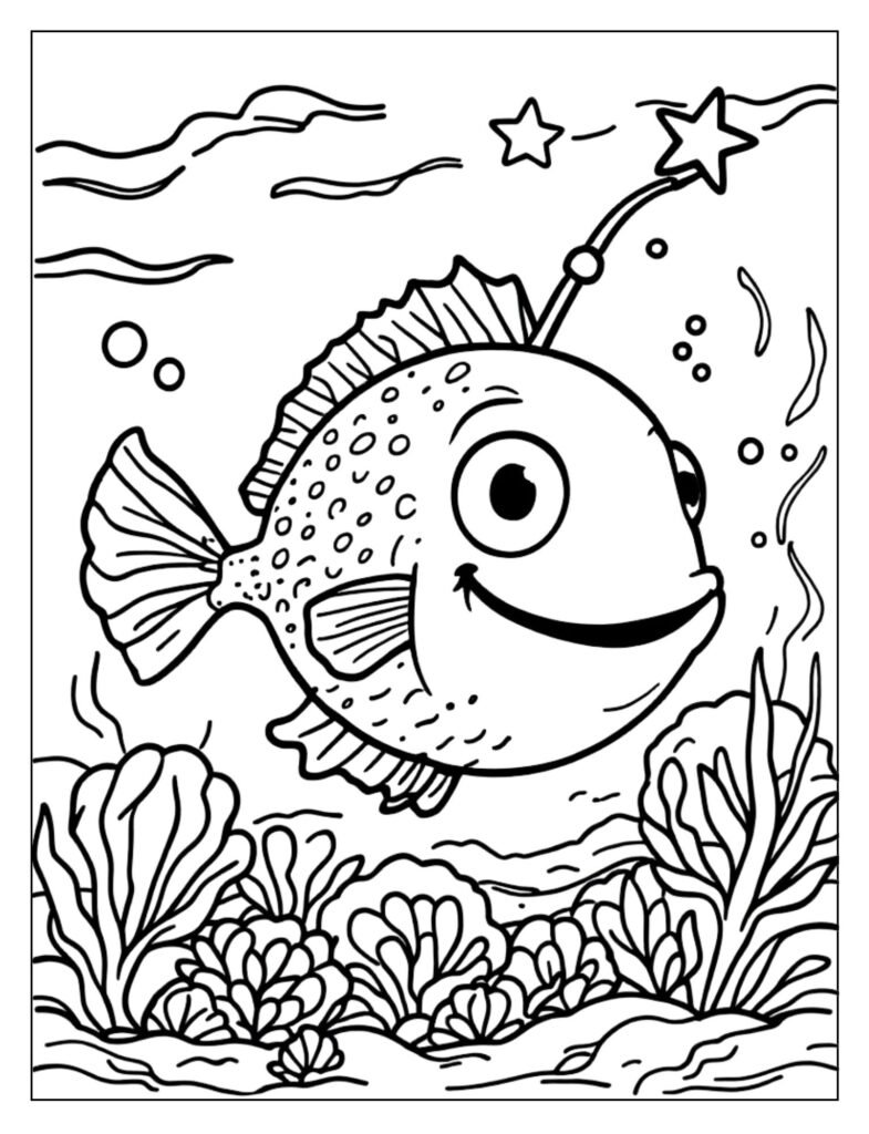 Detailed line art of a classic Deep Sea Angler Fish, showcasing its distinctive light lure (esca) and habitat.